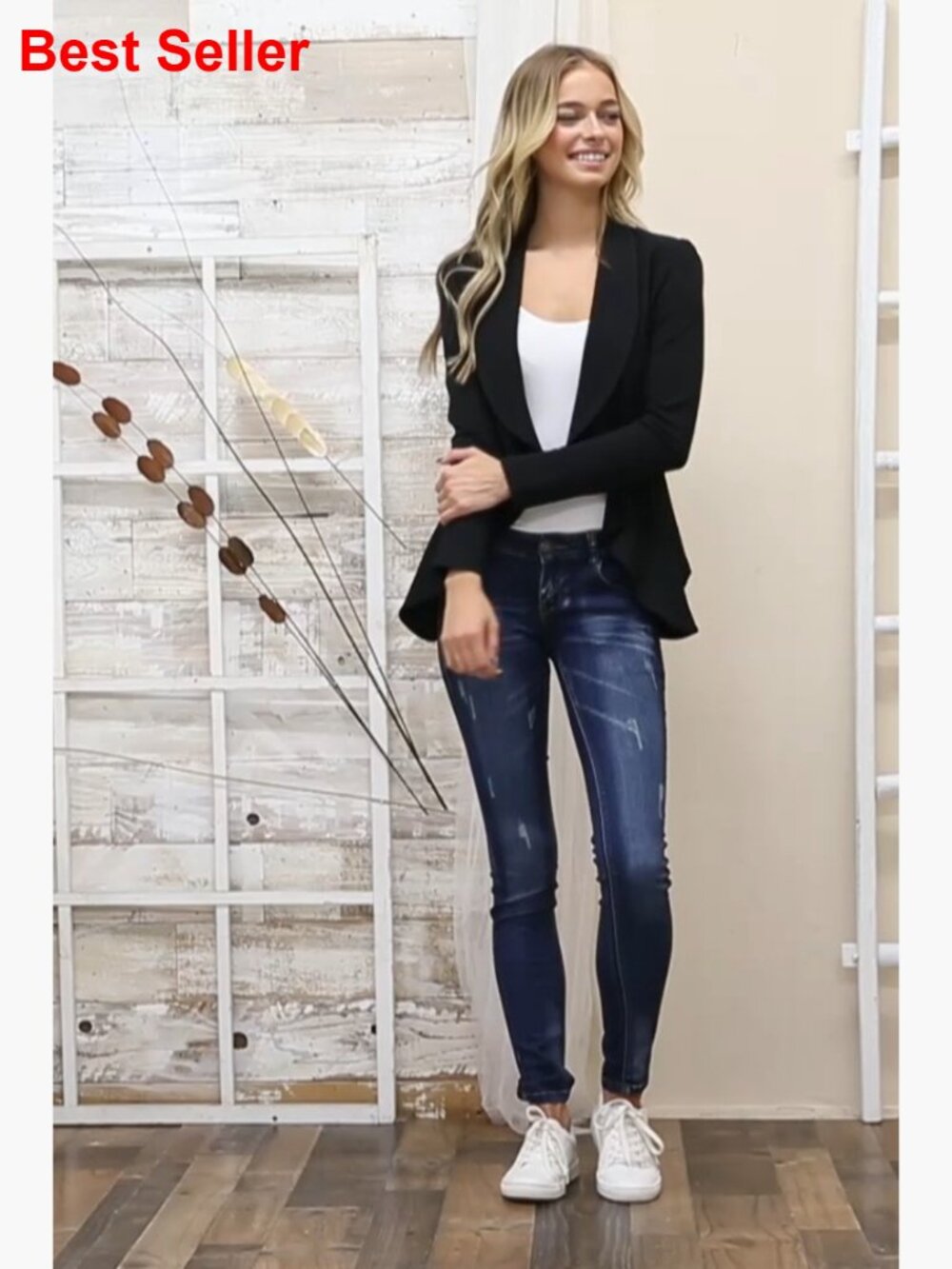 Long Sleeve Draped Open Front Lightweight Blazer Shawl Collar - Picture 5 of 5